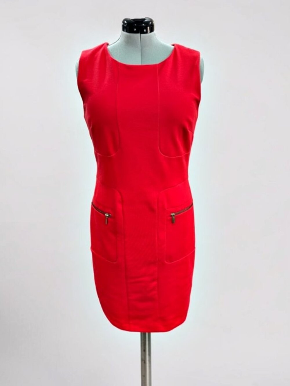 Christin Michaels Dress 12 Red Stretch Sheath Gold Zip Pockets Career Cocktail